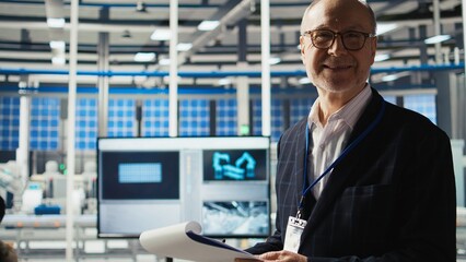 Portrait of smiling industrial plant shareholder conducts research on potential investment opportunities. Cheerful factory investor visits facility to do market analysis, identifying trends, camera A