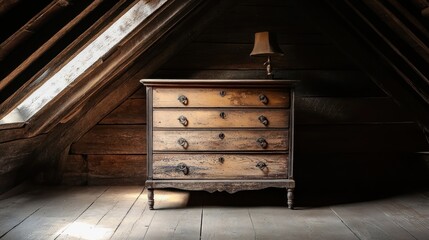 Vintage Wooden Chest of Drawers in Attic with Warm Lighting and Rustic Charm Perfect for Home