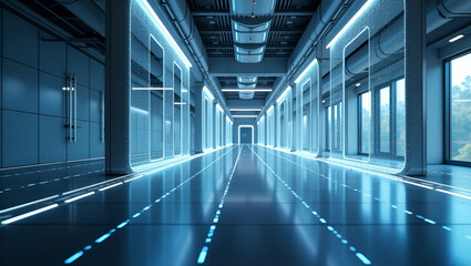 Fototapeta premium Futuristic Minimalist Wallpaper Design: Emphasizing Robotic Automation and Industrial Innovation with Expansive Empty Space for Modern Digital Aesthetics