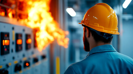 A worker in a hard hat observes a fire hazard near electrical panels, highlighting safety concerns in industrial environments.