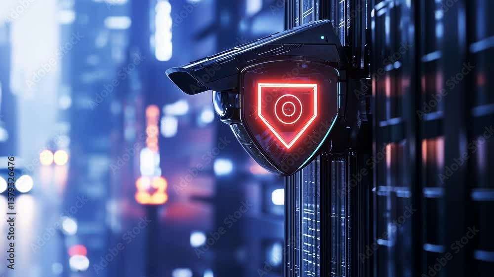 Poster futuristic security camera with glowing red shield icon is monitoring a server room, ensuring data c