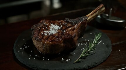 Grilled tomahawk steak on dark stone plate, seasoned with salt and rosemary.