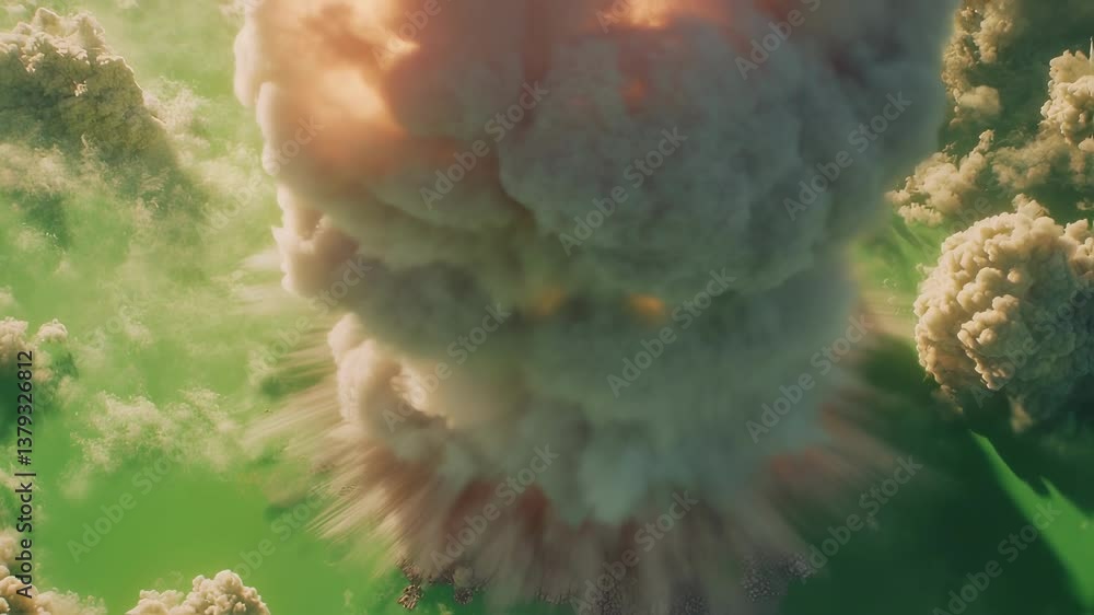 Poster massive mushroom cloud rising from nuclear explosion creating a devastating and dramatic scene, isol