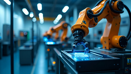 Advanced Industrial Robotic Arms: Precision Mechanical Design & Integrated Control Systems for Optimized Manufacturing & Automation - Photo Stock Concept with Empty Space