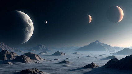 Elegant Wallpaper Design: Futuristic Space Exploration from Moon to Mars with Minimalist Aesthetics and Generous Empty Space for Photo Stock Concept.