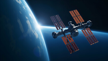 Obraz premium Elegant Wallpaper Design: Space Station Research with Negative Space, Digital Imagery of Microgravity Studies & Next-Gen Cosmic Discovery in Photo Stock Concept.