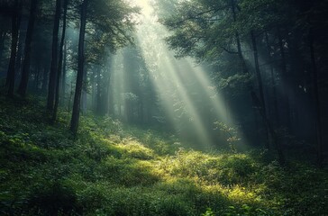 Fototapeta premium sunlight rays in green forest fantasy landscape morning nature scene