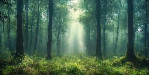 Obraz premium Mysterious Enchanted Forest Lush Wilderness Dreamy Green Landscape