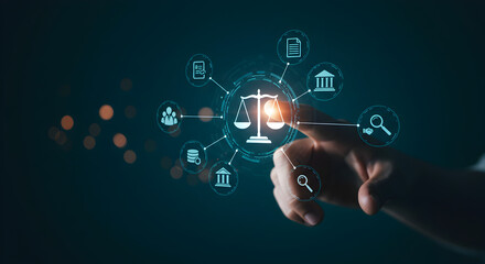 Hand Touching Glowing Scales of Justice with Digital Icons on Dark Blue Background Representing Modern Law