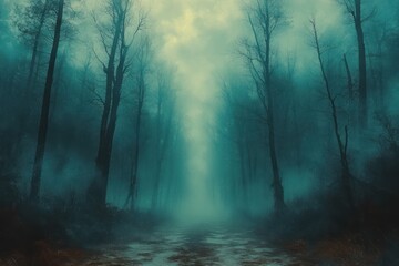 mysterious foggy forest path eerie woods landscape haunted twilight