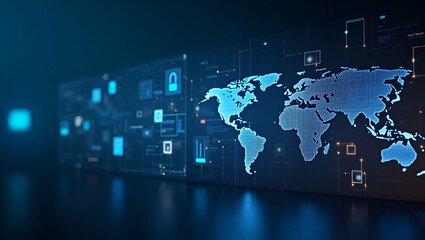 Explore a contemporary wallpaper design showcasing international e-commerce payments, featuring sleek digital motifs and ample empty space for modern retail finance.