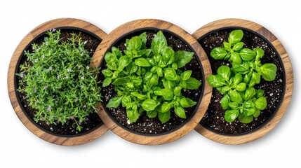 Three Potted Herbs Thyme, Basil, and Rosemary in Round Wooden Planters