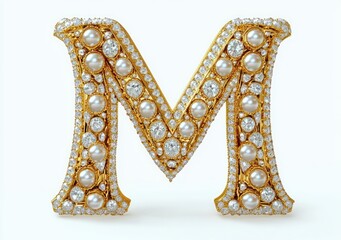 Obraz premium Luxurious golden letter M encrusted with diamonds and pearls in Art Deco style on white background