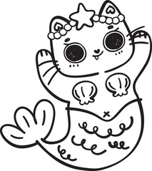 Mermaid Cat Cute Outline Cartoon Doodle Illustration