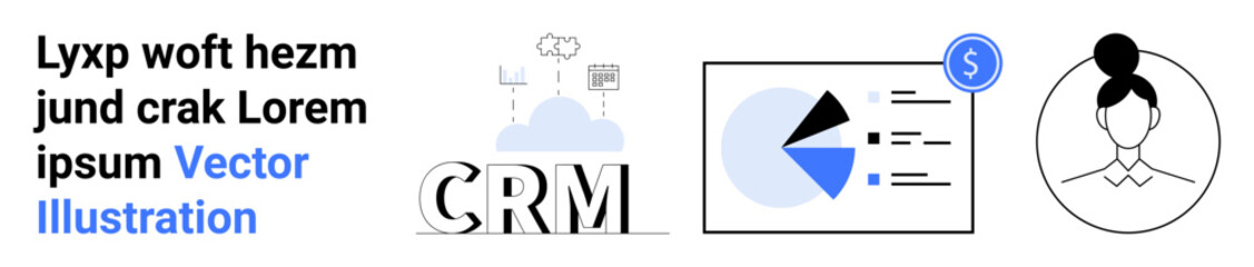 CRM text with cloud icon, analytics chart, and user profile avatar. Ideal for CRM tools, analytics, user management, business strategy, marketing, technology simple landing page