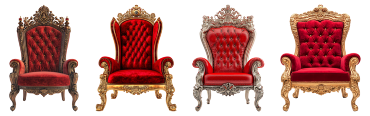 Elegant Vintage Chairs in Rich Red Velvet with Intricate Details, Isolated on Transparent Background