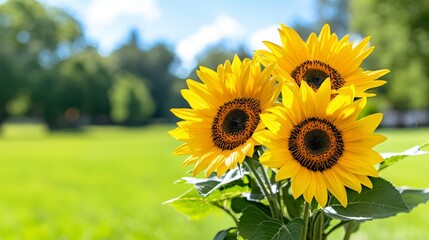 Fototapeta premium Sunflowers in Mason Jar Summer Bouquet Bright Yellow Flowers Green Field Background