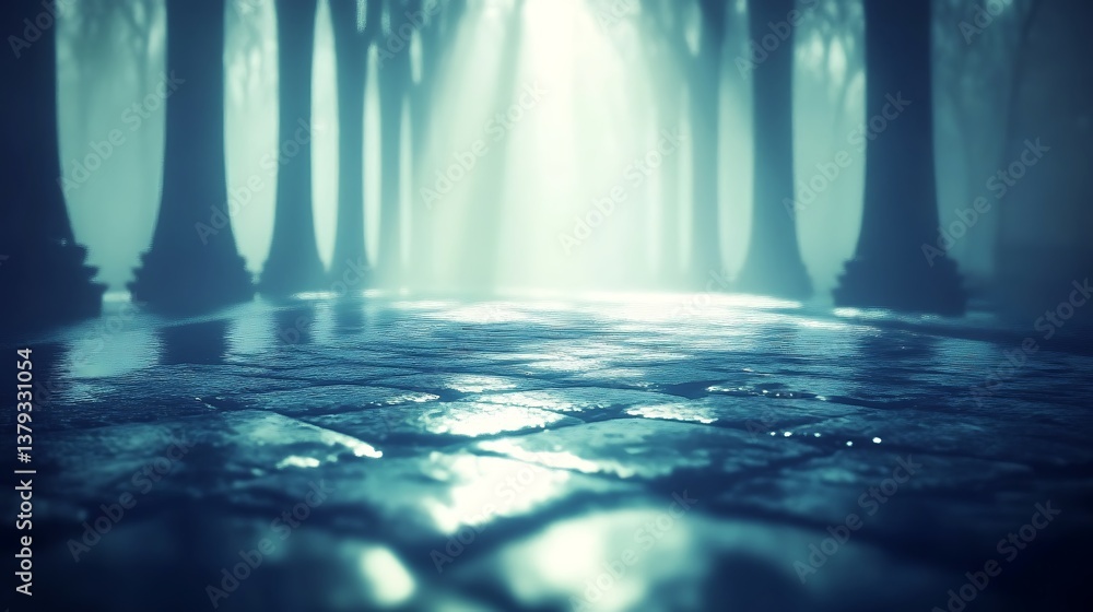 Poster mysterious forest pathway with fog and soft light shining through trees