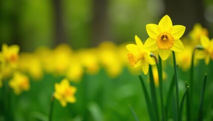 Obraz premium Daffodils stand tall amidst a sea of green grass, sunny sky, daffodil