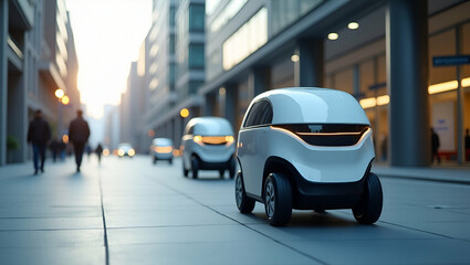 Present a sleek wallpaper design capturing autonomous delivery robots with extensive empty space and refined digital imagery that denote innovative robotic logistics advanced autonomous navigation tra