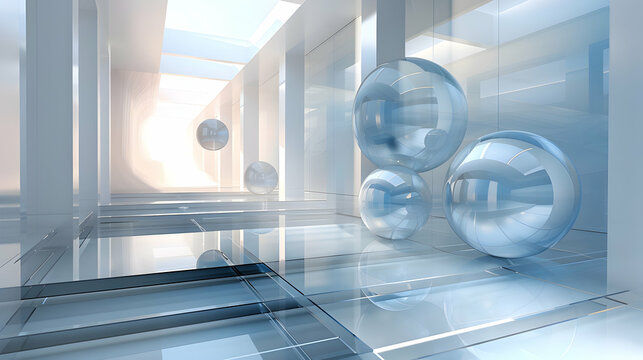 A futuristic, translucent space with floating spheres and reflective surfaces.