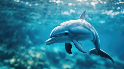 Fototapeta premium Dolphin Swimming Underwater in Blue Ocean Sunlight Marine Life Image