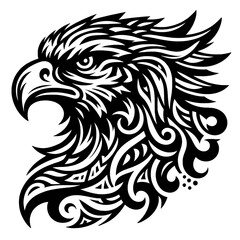Black and White Tribal Eagle Head Vector Drawing with Intricate Patterns