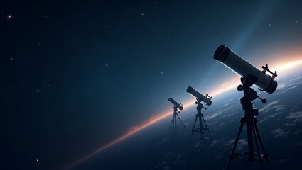 Explore a sleek wallpaper design featuring space telescopes, showcasing advanced astronomical observation with refined digital elements and ample empty space.