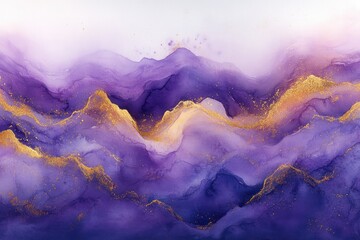Fototapeta premium Abstract Violet Lavender Watercolor Background with Gold Accents Fluid Patterns for Wedding Invitations and Elegant Designs