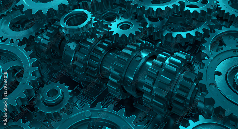 Poster detailed macro shot of interlocking gears and cogs in a complex machine with mechanical parts