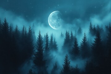 Fototapeta premium eerie moonlit forest at night with dark silhouettes of trees and soft fog in a gothic atmosphere