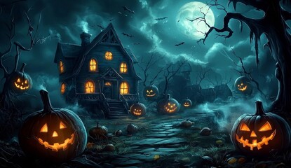 A haunted house illuminated in the forest at night under a full moon.