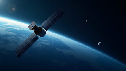 Obraz premium Exhibit a sleek wallpaper design illustrating satellite deployment with expansive empty space and modern digital visuals that embody advanced orbital insertion technology innovative satellite networks