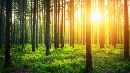 Fototapeta premium Serene Forest Landscape at Sunrise with Sunlight Filtering Through Tree Canopy