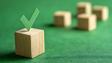 Green Check Mark on Wooden Cube &ndash; Decision Approved Symbol Concept on Green Background
