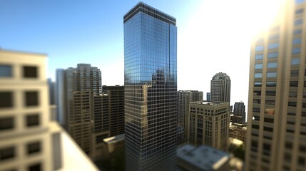 Fototapeta premium Modern Skyscraper Surrounded by Urban Cityscape with Clear Blue Sky and Sunlight