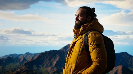 Male hiker takes a deep breath of fresh mountain air feeling pleased with the scenic landscape,...