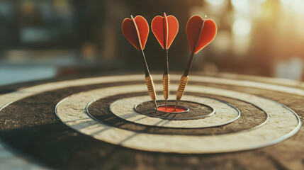 Three Heart-Tipped Darts Perfectly Hitting Bullseye on Dartboard Target