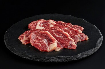 Freshly sliced marbled beef steak arranged on a dark slate plate, ready for cooking or grilling