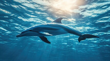 Obraz premium Dolphin Swimming Underwater with Sun Rays Casting Light Through Ocean