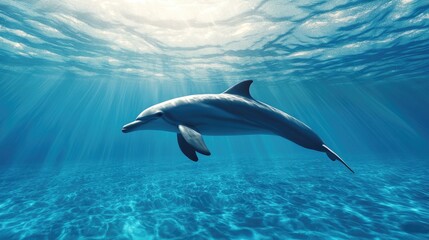 Naklejka premium Dolphin Swimming Underwater in Blue Ocean with Sun Rays Shining Down