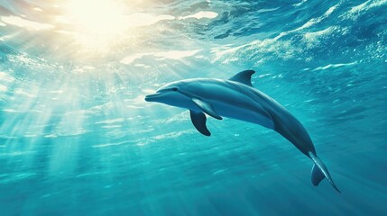 Fototapeta premium Dolphin Swimming Underwater with Sunbeams and Turquoise Water Creates Serene Scene