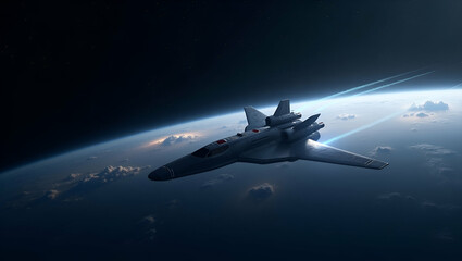 Naklejka premium Exhibit a refined minimalist wallpaper design depicting future of space travel by showcasing expansive empty space sleek digital motifs and advanced propulsion graphics that symbolize innovative inter