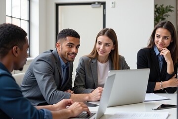 Fototapeta premium Four Young Professionals Engaging in a Collaborative Meeting in a Modern Office Environment, Featuring Two Men and Two Women in Business Attire Focused on Laptop Discussions