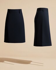 Elegant black tailored skirts on neutral background - front and side view