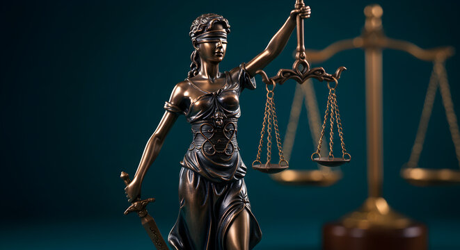 Bronze Lady Justice Statue Holding Scales and Sword Against Dark Green Background