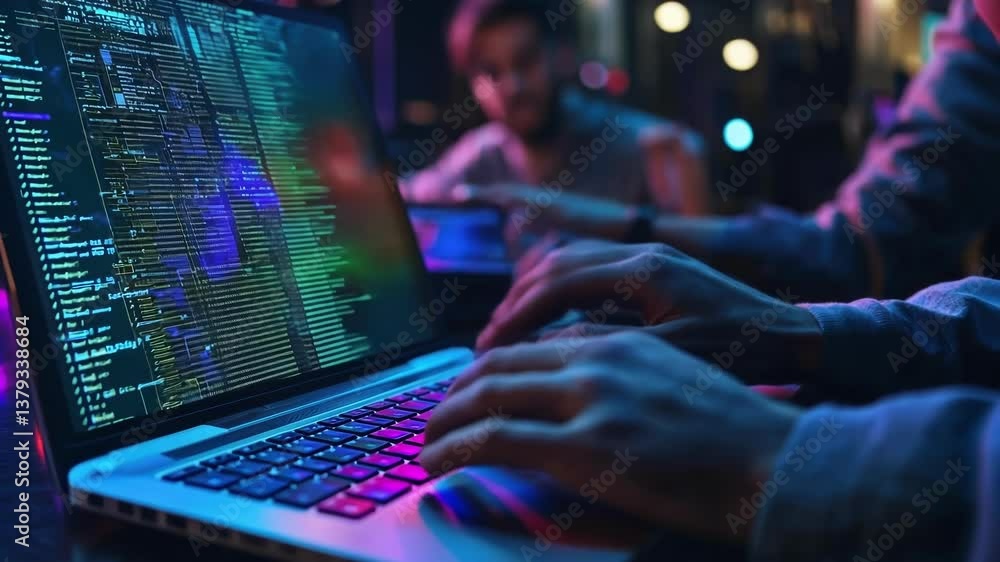 Poster close up of hands typing on a laptop keyboard in a dark office at night, showcasing secure software 