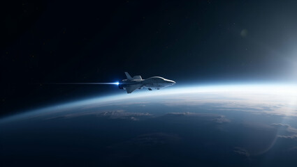 Fototapeta premium Exhibit a refined minimalist wallpaper design depicting future of space travel by showcasing expansive empty space sleek digital motifs and advanced propulsion graphics that symbolize innovative inter