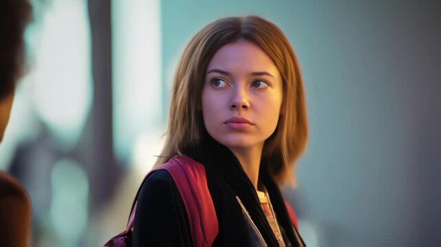 one appears confident and assertive while the other looks contemplative and defensive. The blurred audience in the background adds to the atmosphere of tension.