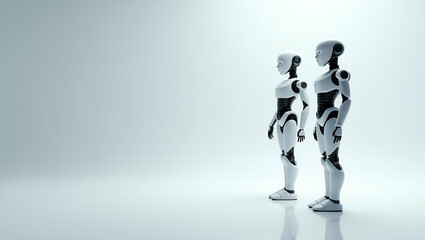 Fototapeta premium Minimalist Wallpaper Design Featuring Humanoid Robots: Expansive Empty Space and Sleek Digital Graphics Showcasing Advanced Bionic Design and AI Integration for Next-Gen Robotics